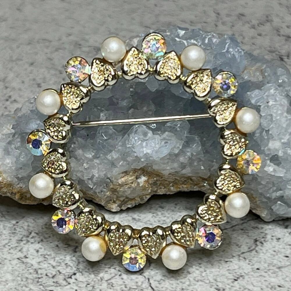 Vintage Coro signed goldtone faux pearl ab rhinestone wreath bridal